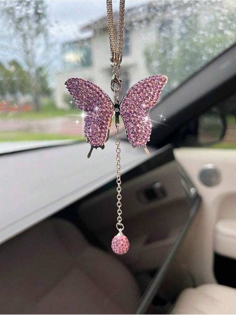 Pink Crystal Butterfly Car Pendant